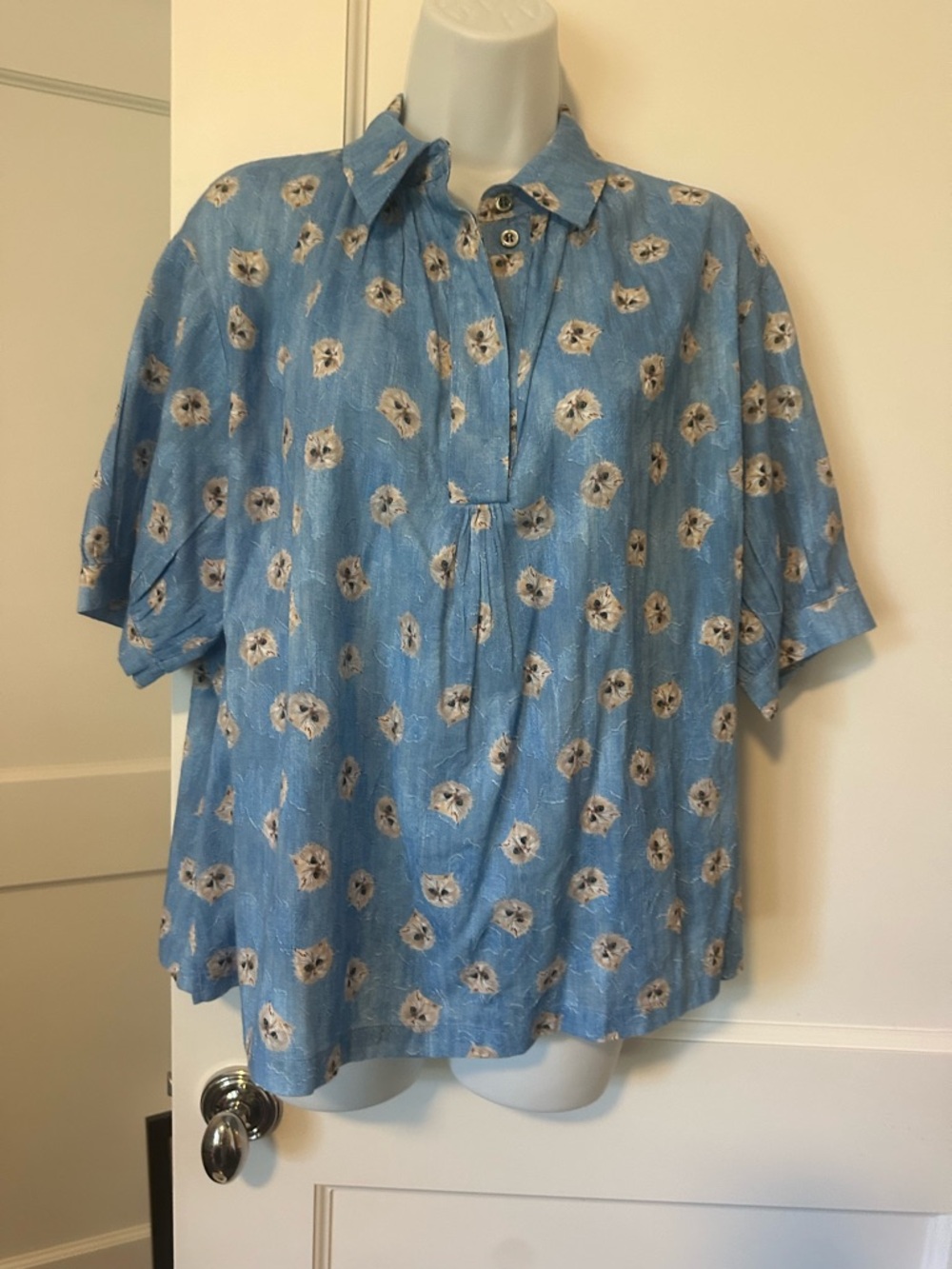 Paul & Joe Light Blue Short-Sleeve Button Shirt with Cats